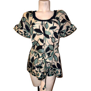BCBGMaxAzria Top Women's Size XS Green Black Ivory Floral Tie Belted Blouse